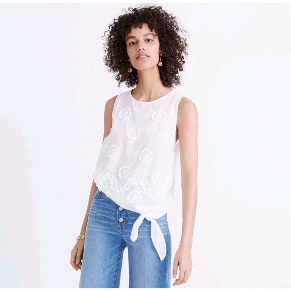 Madewell Embroidered Side Tie White Tank 100 % Cotton Size Small